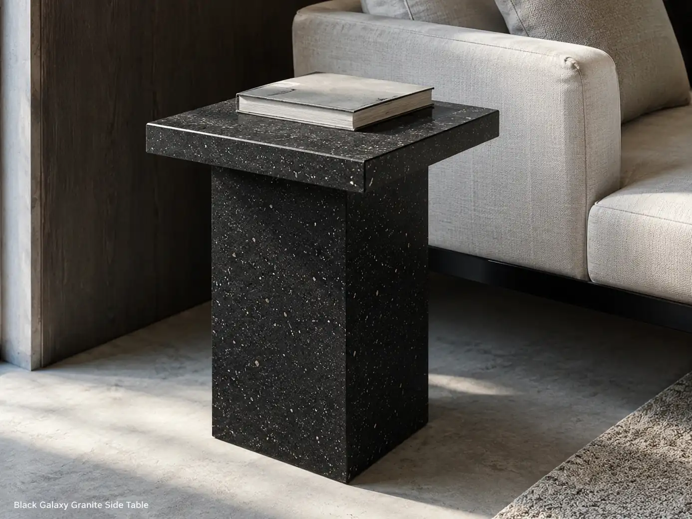 Leathered Black Galaxy granite side table with midnight-black surface and white-gold mineral specks