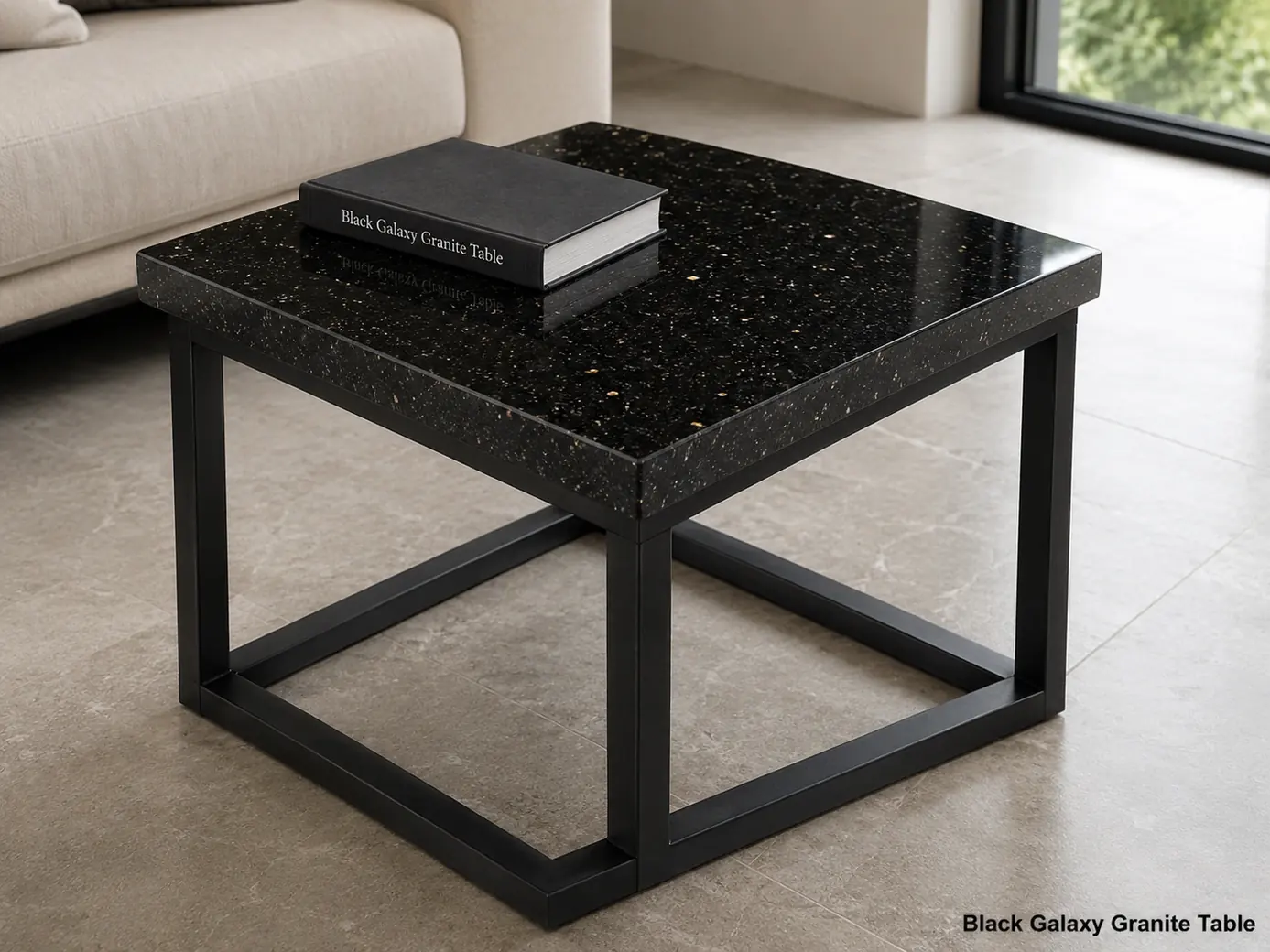 Polished Black Galaxy granite table with ebony surface, natural gold flecks and sturdy engineered base