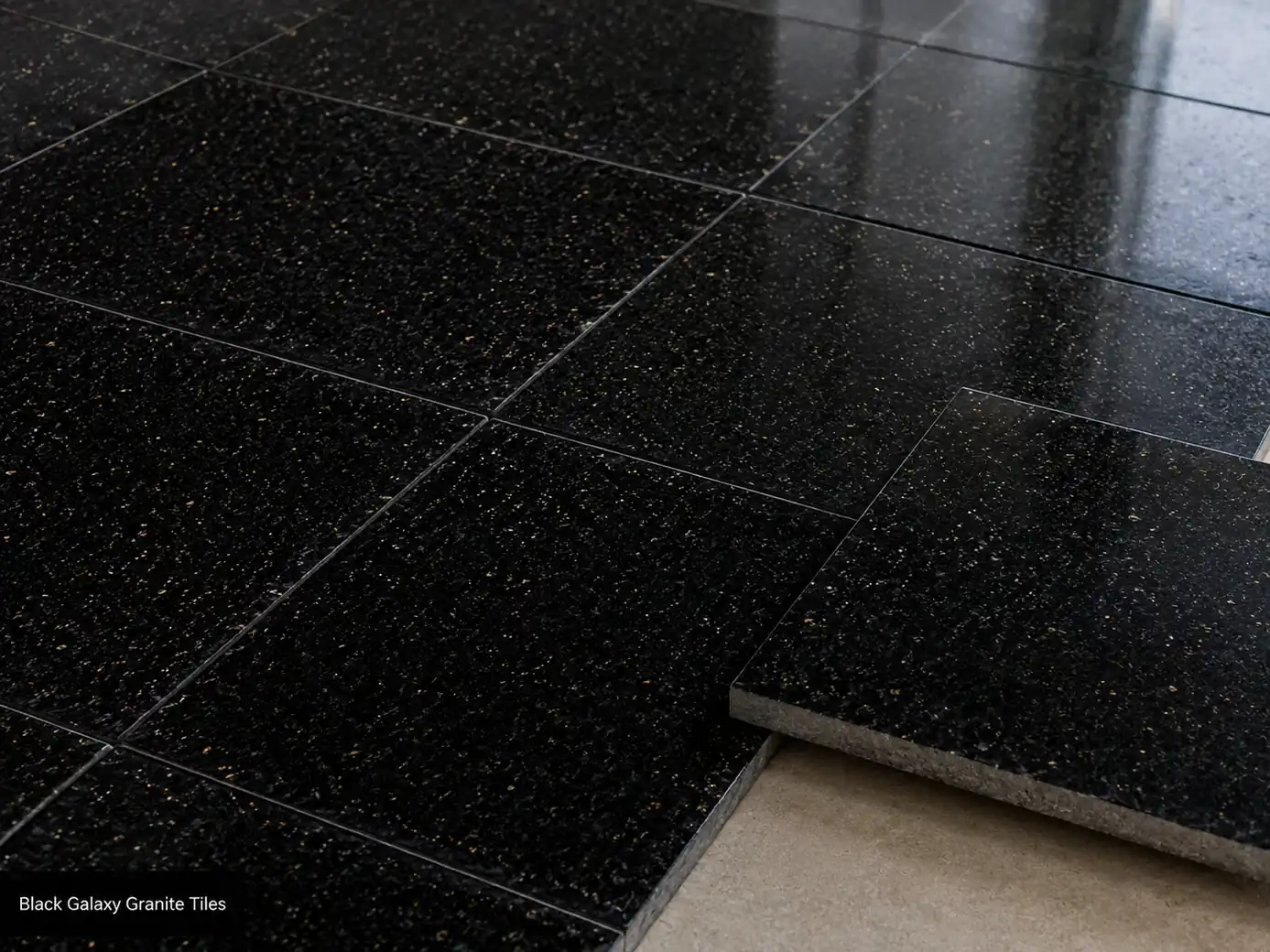 Polished Black Galaxy granite tiles with jet-black surface, fine gold flecks and realistic floor joints