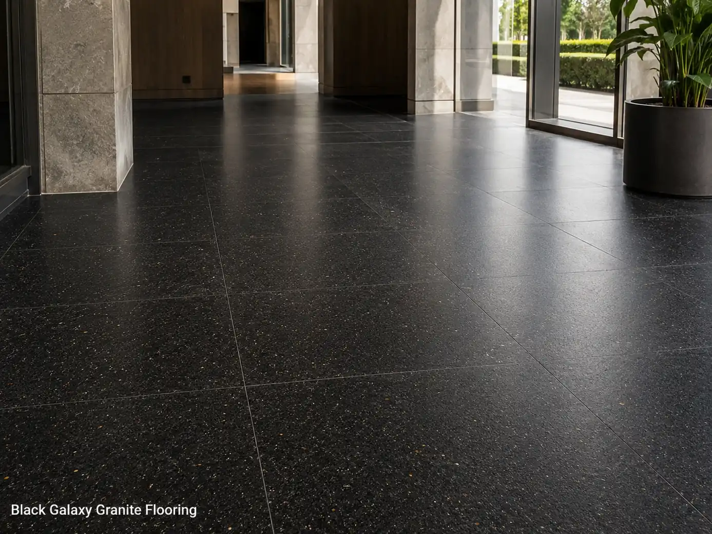 Honed Black Galaxy granite flooring in a high-traffic interior with copper-gold mineral sparkle