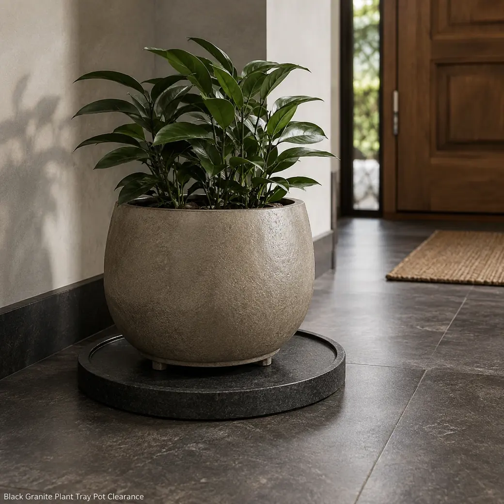 Black granite plant tray showing pot clearance, dark textured stone and broad stable support
