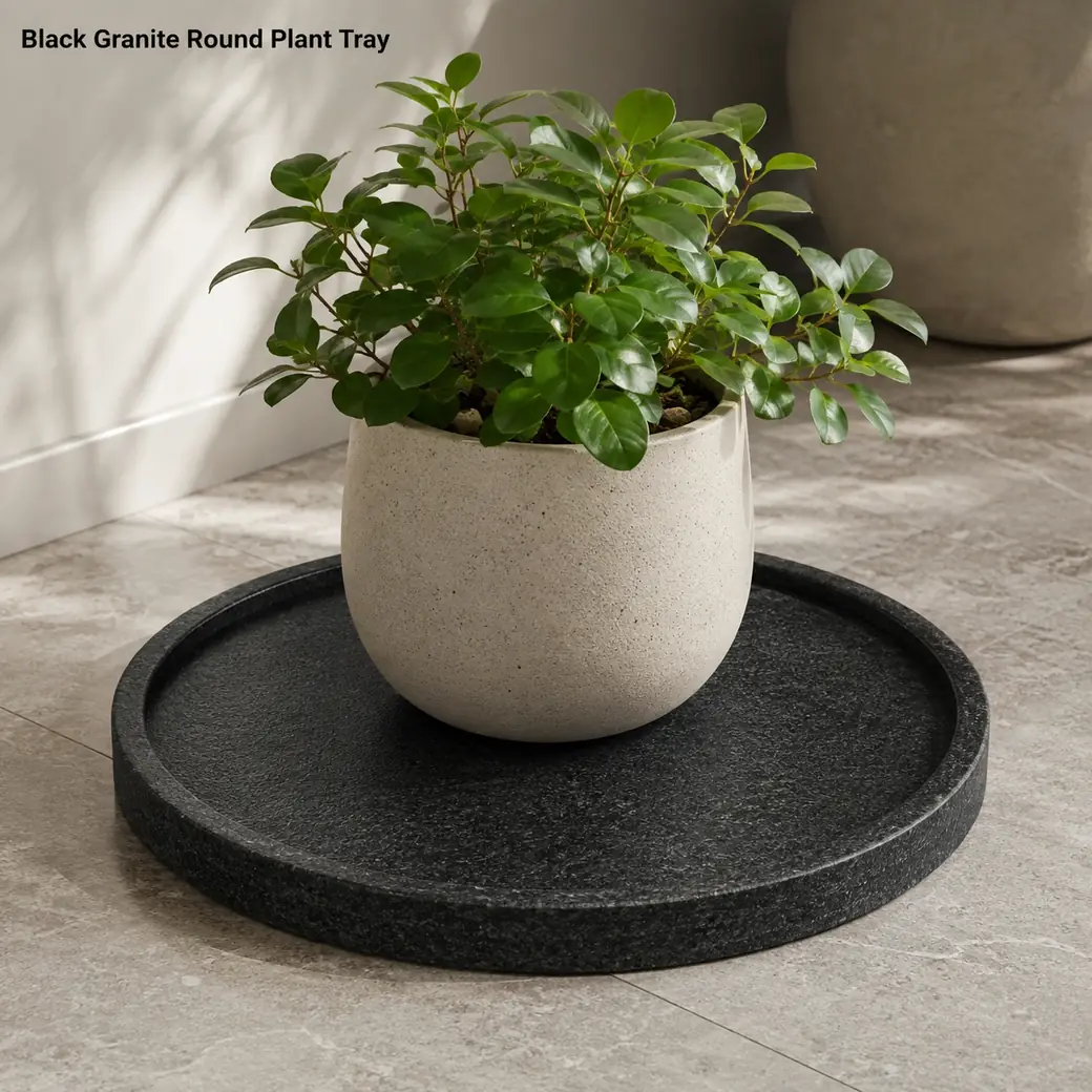 Black granite round plant tray in deep charcoal black with fine crystalline grain and leathered texture.