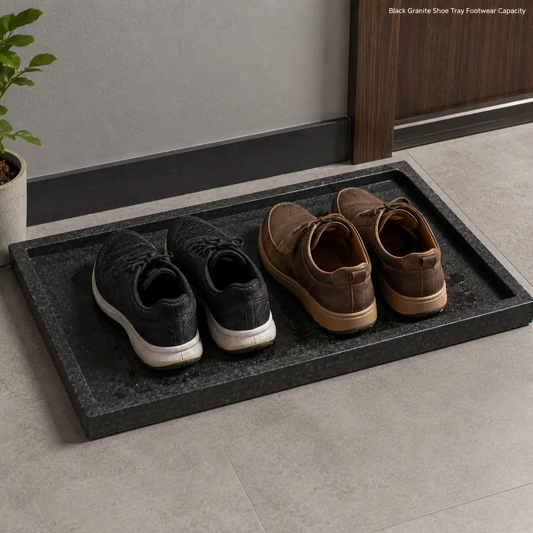 Black granite shoe tray sized for footwear with graphite stone, raised edges and broad floor contact