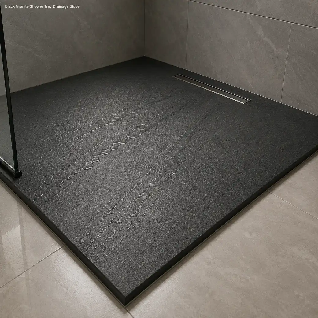 Flamed black granite shower tray showing drainage slope, matte texture and compact 70 cm format
