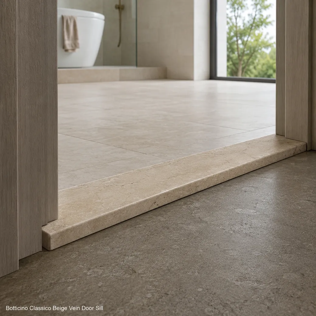 Botticino Classico door sill installed between bathroom floors with brushed texture and precise fitted edges.