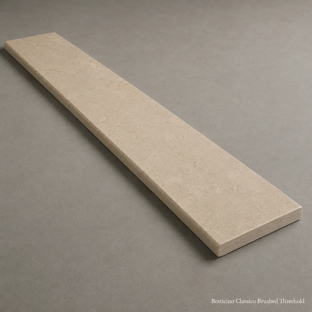 Botticino Classico brushed limestone threshold in warm beige-ivory with fine brown veining.