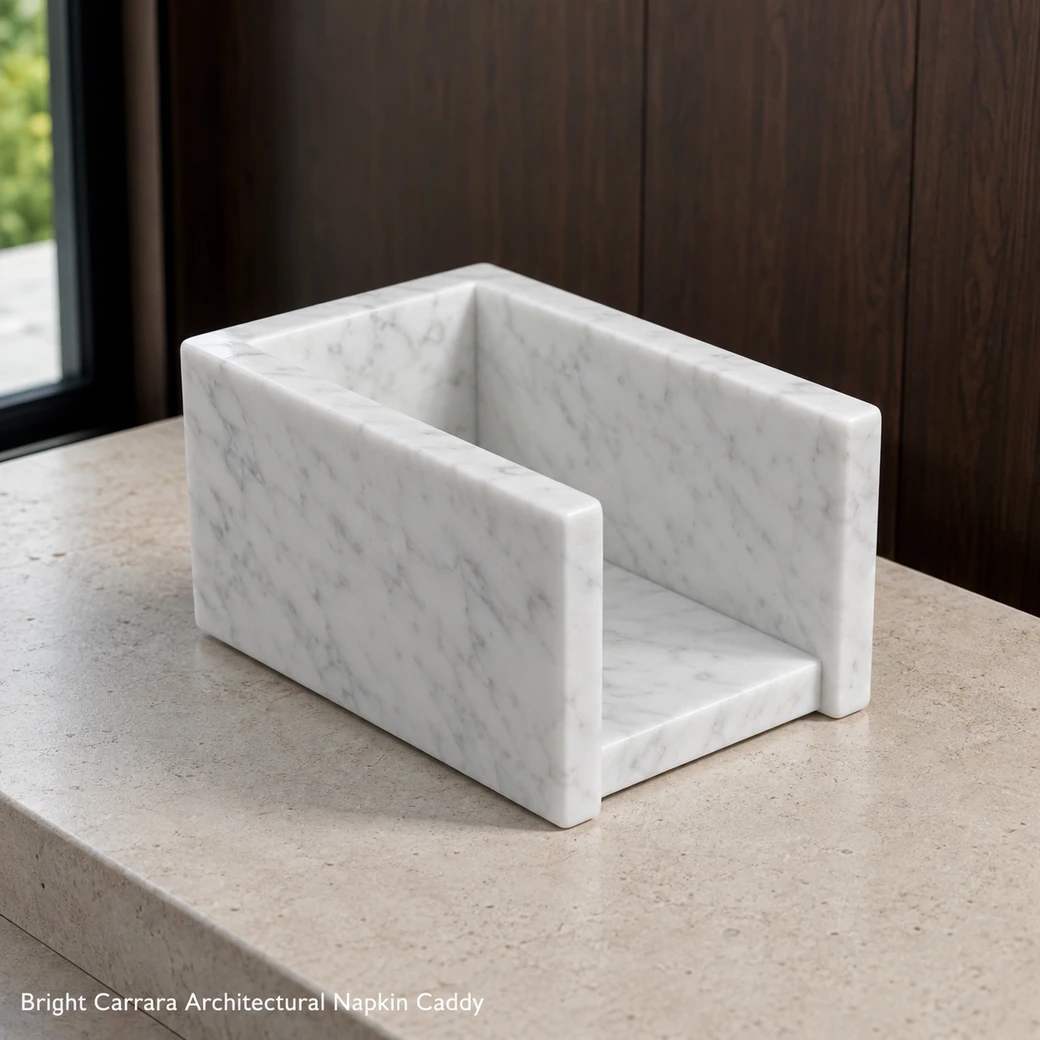 Architectural white Carrara napkin holder on limestone counter, high rear view showing open interior and thick walls.