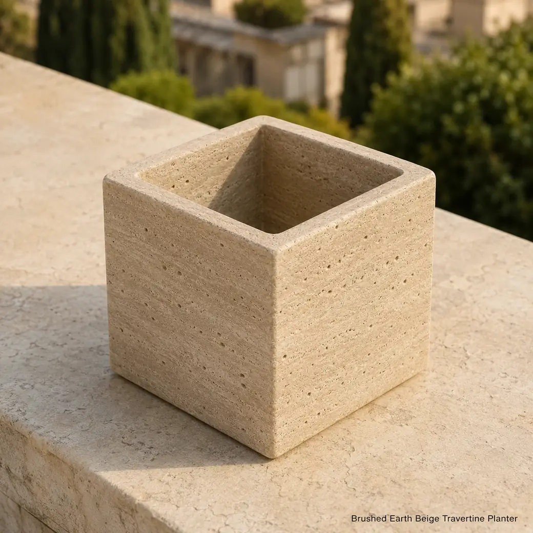 Earth beige travertine planter on pale outdoor ledge, high diagonal view showing empty cavity and brushed natural pores.