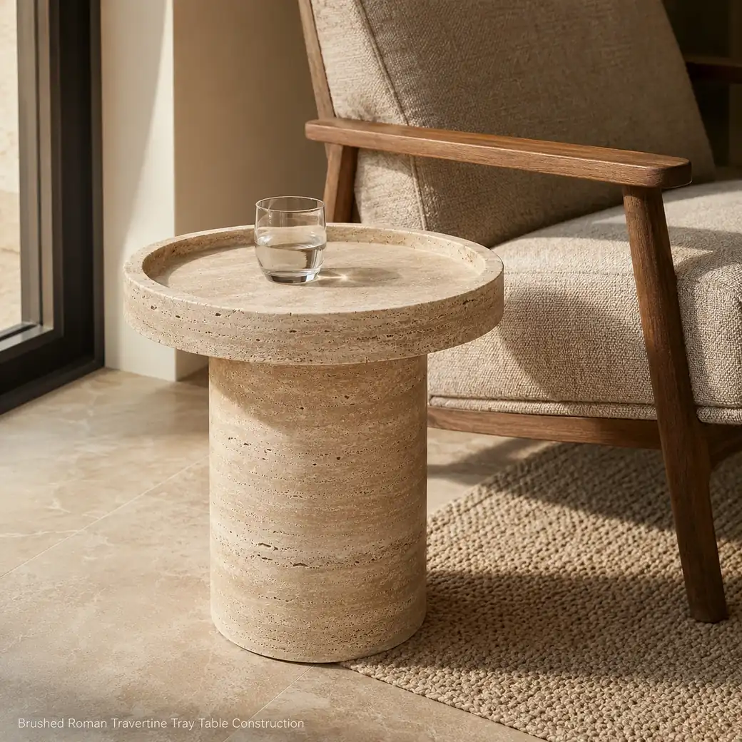Brushed-honed Roman Travertine tray table showing warm beige stone, raised tray top and pedestal base