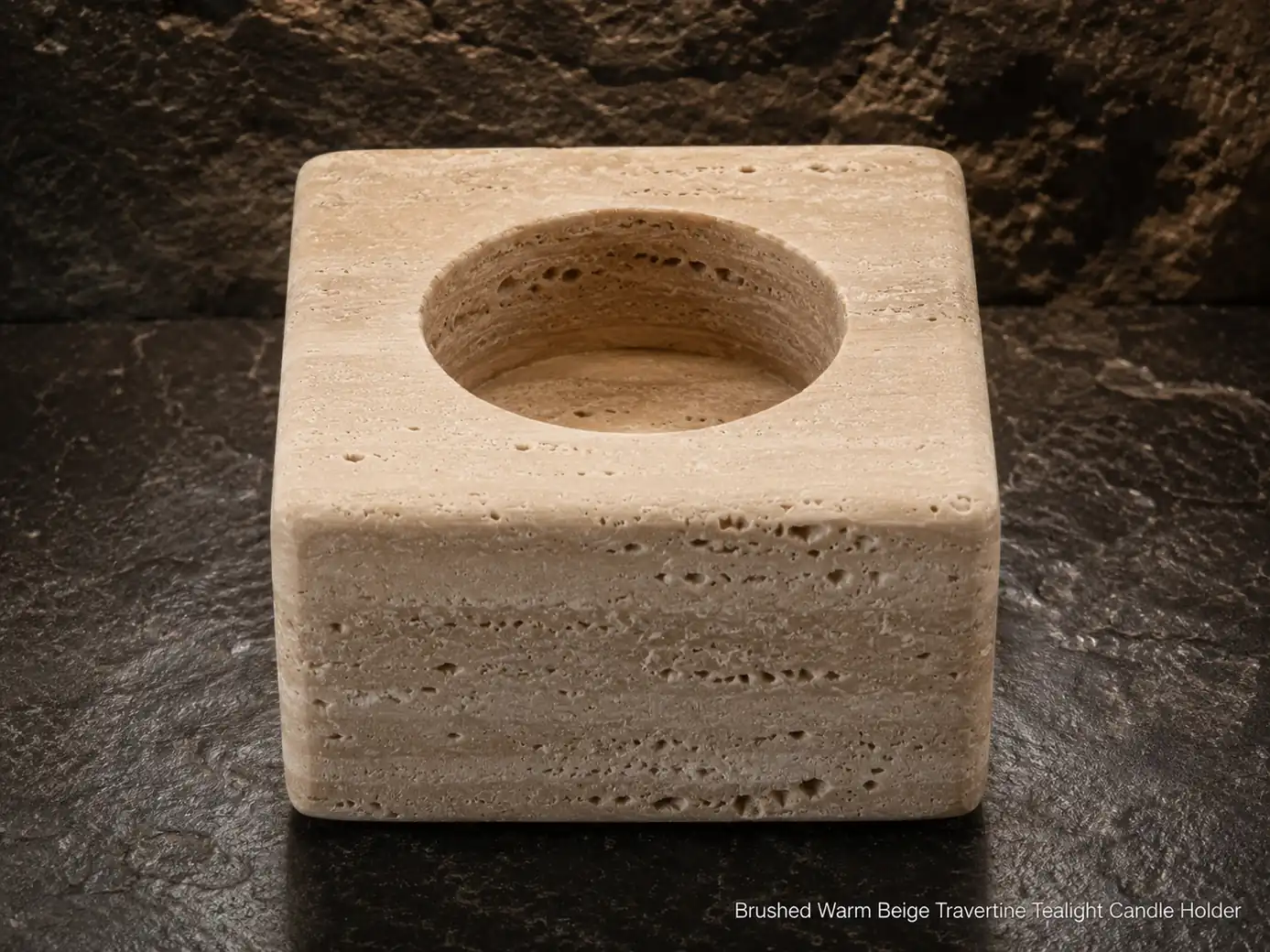 Top-front warm beige travertine tealight holder on dark stone, revealing brushed pores and a precise circular recess.