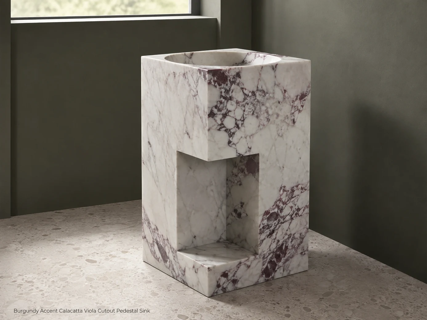 Calacatta Viola cutout pedestal sink viewed from the rear side in a deep olive-grey gallery