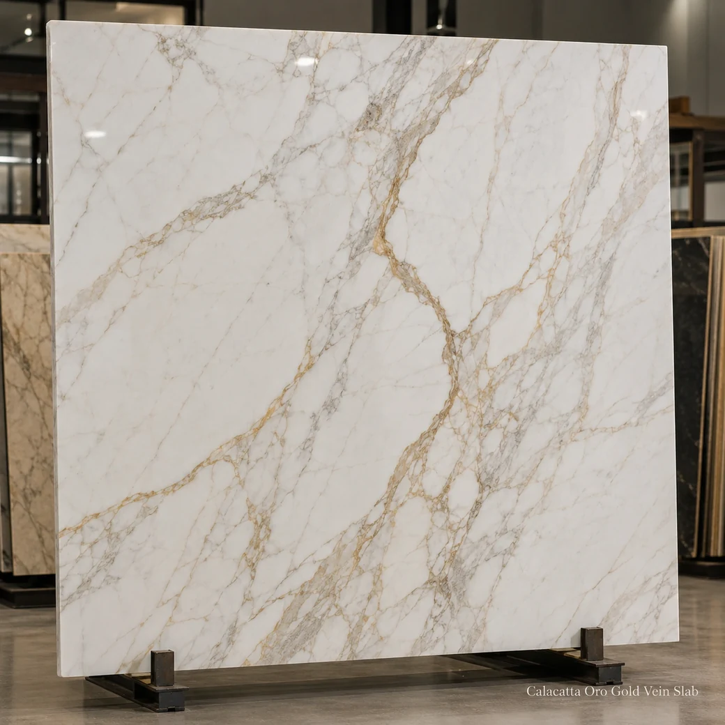 Calacatta Oro polished marble slab in pure white with elegant gold-grey veining displayed vertically.