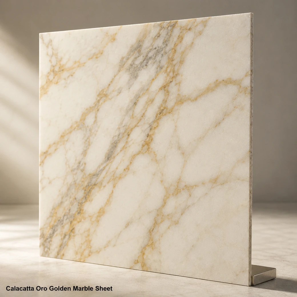 Calacatta Oro thin marble sheet in ivory white with warm golden veining and satin-polished finish.