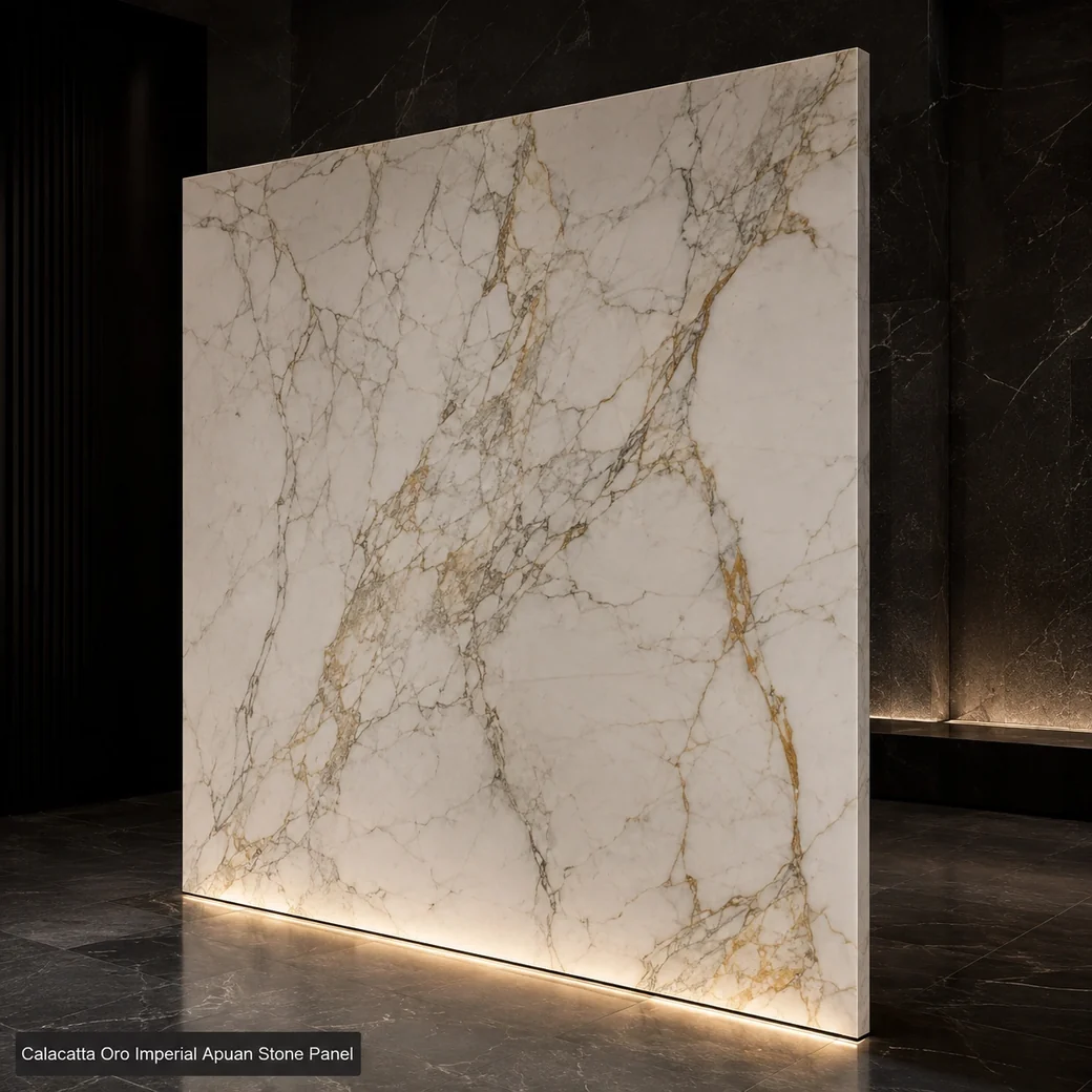 Edge-biased Calacatta Oro slab in a dark gallery, showing polished white stone and gold-grey veins.