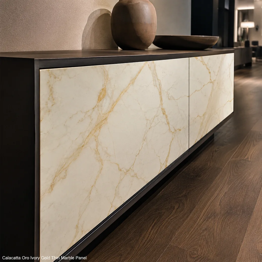 Calacatta Oro thin marble facing installed on a showroom cabinet with visible slim edge and golden movement.