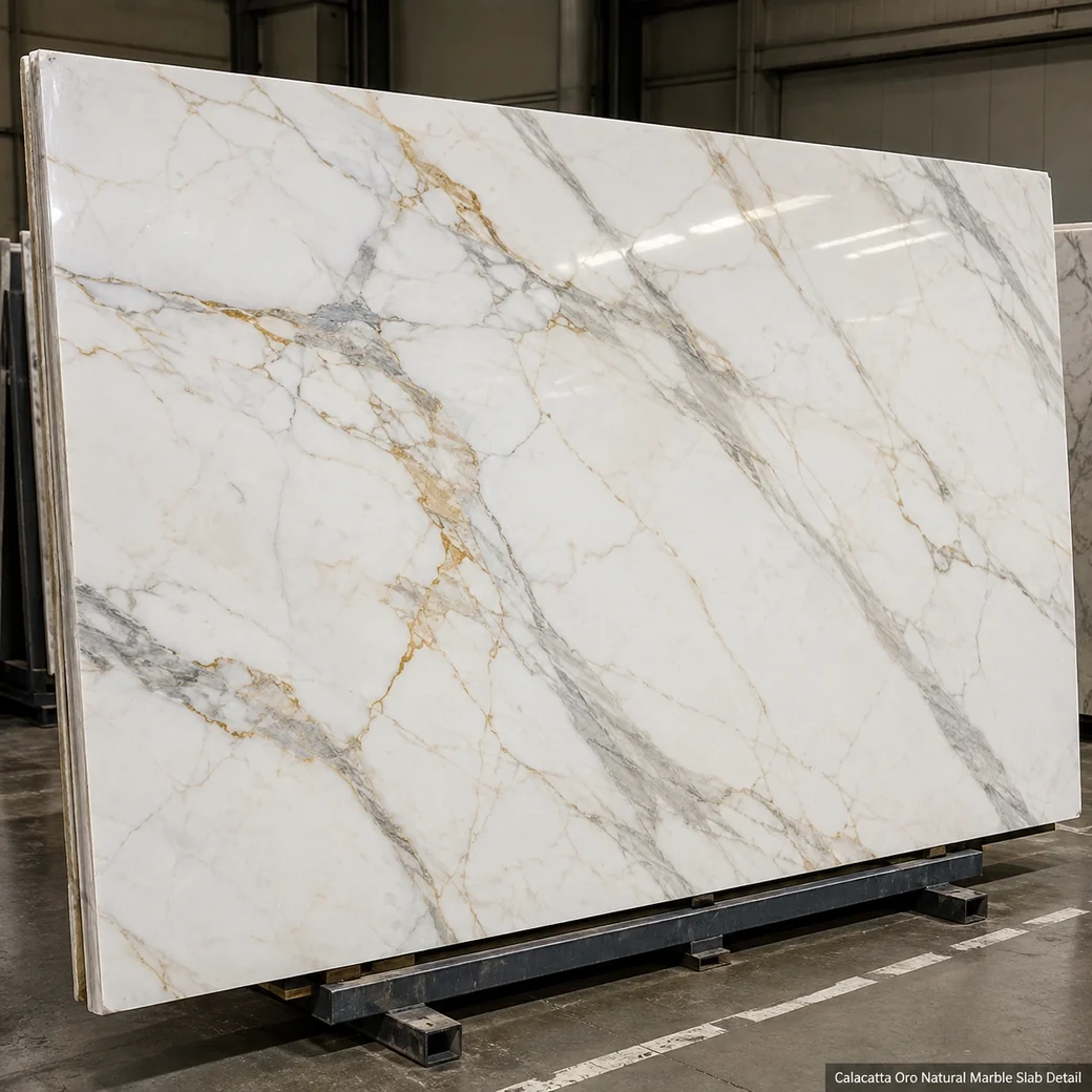 Polished Calacatta Oro marble slab with pure white stone and natural gold-grey veining