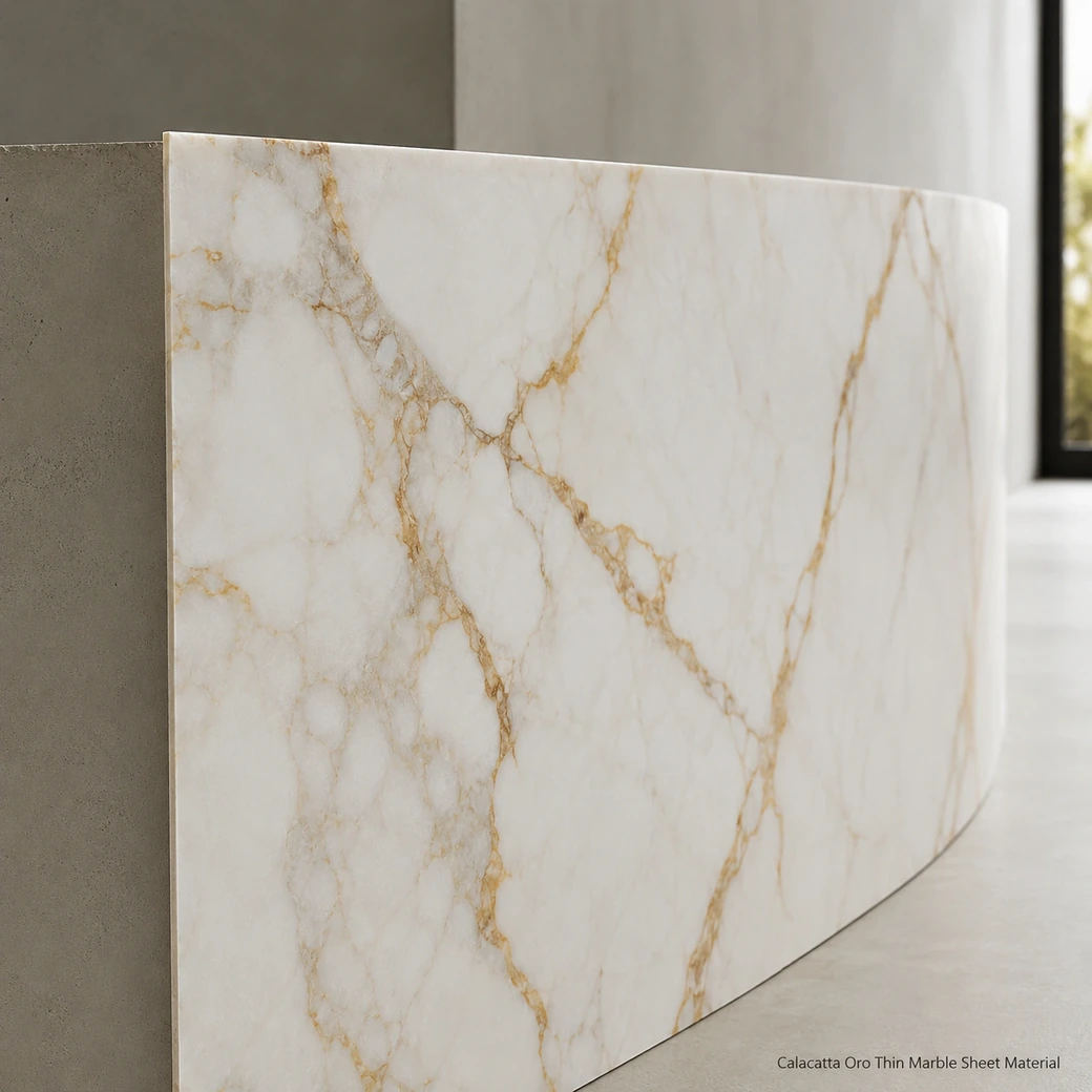 Satin-polished Calacatta Oro thin marble sheet with ivory-white stone and warm golden veining