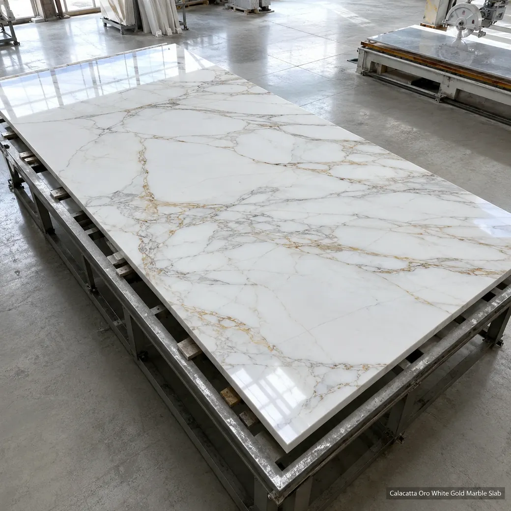 Calacatta Oro slab laid on an inspection table, revealing broad gold-grey movement across its polished face.