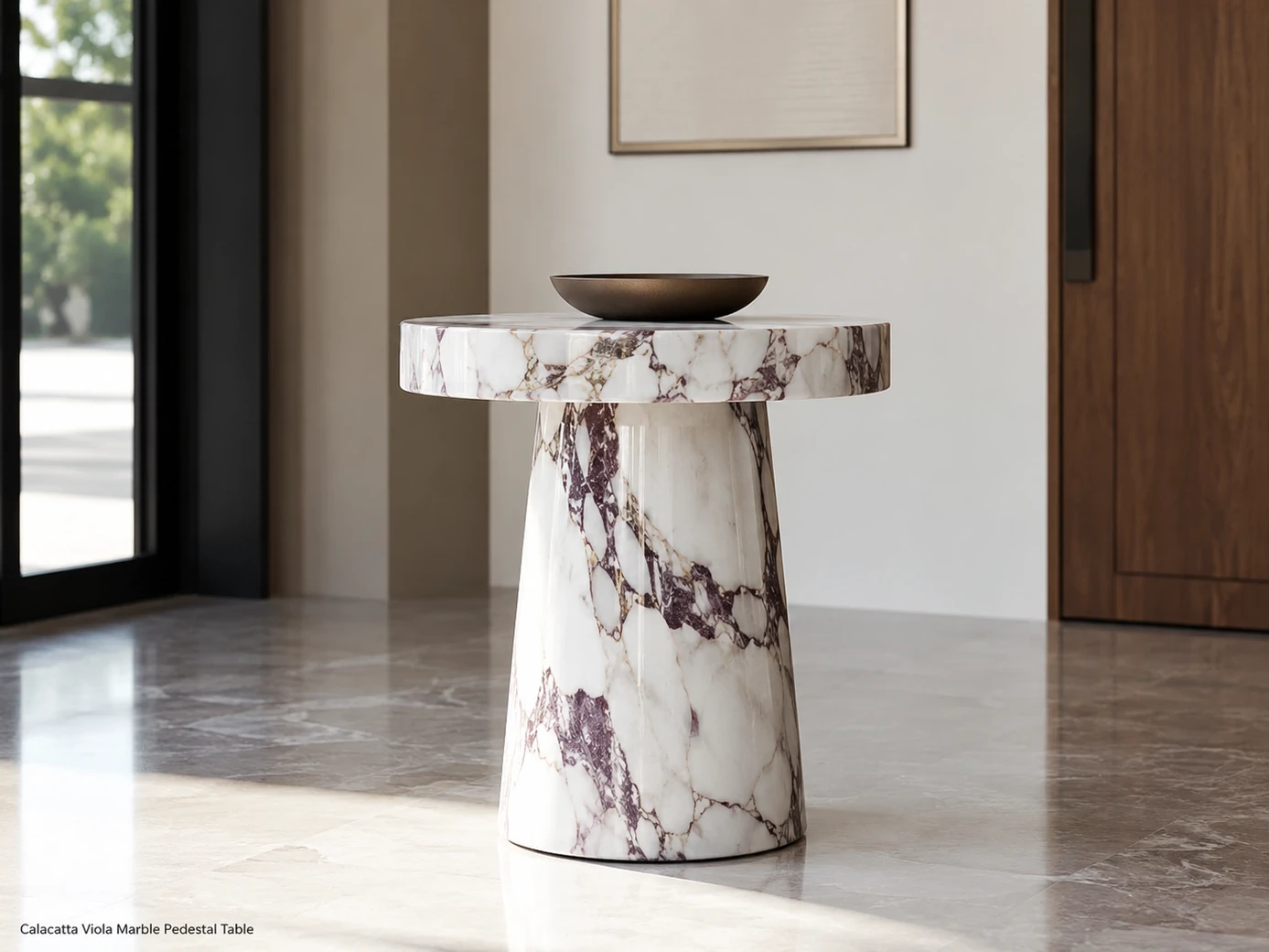 High-gloss Calacatta Viola pedestal table in a modern foyer with wine-coloured veins and sculptural base