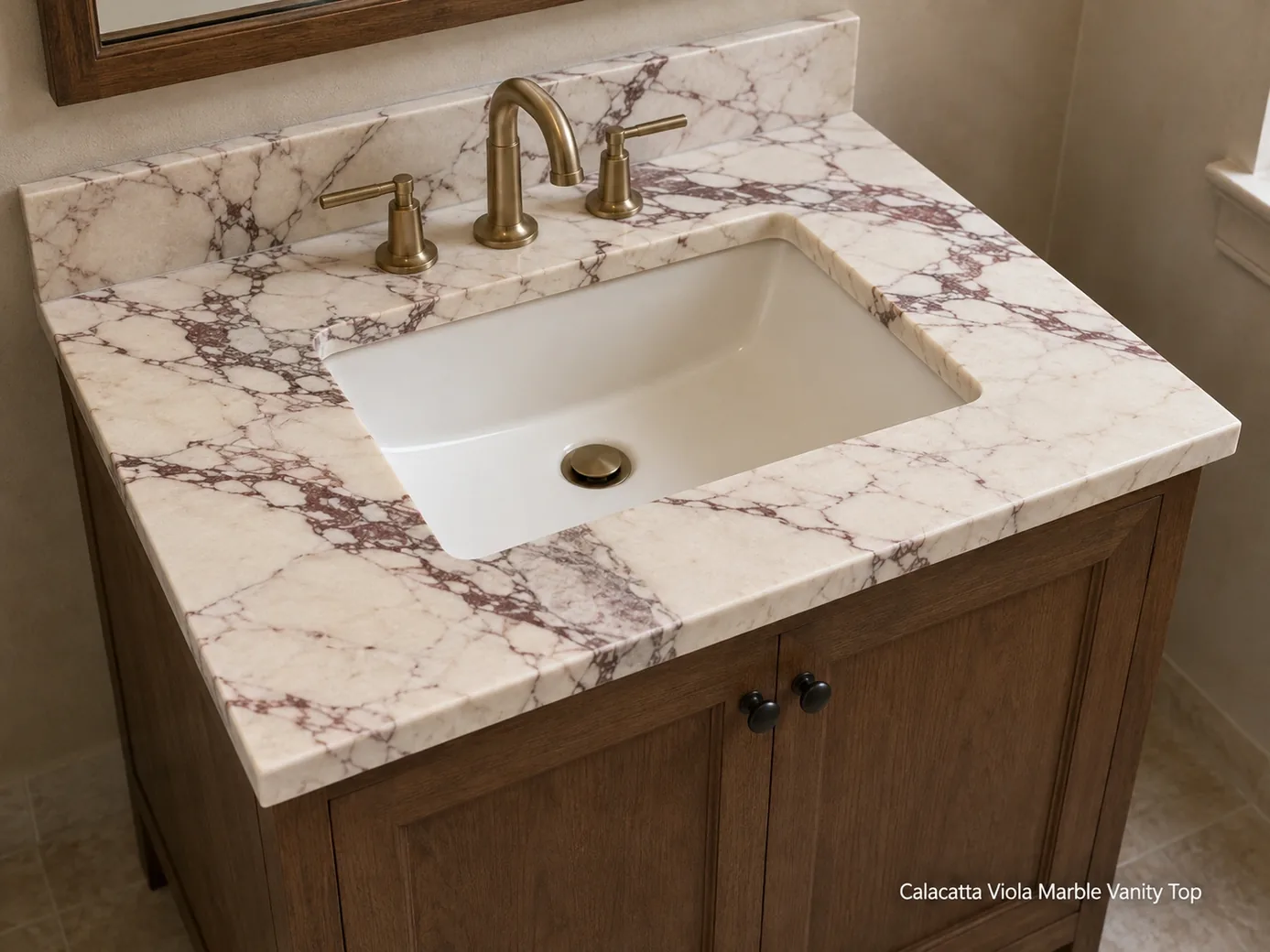 Honed Calacatta Viola vanity top with warm ivory stone, wine-red veining and precise basin cutout