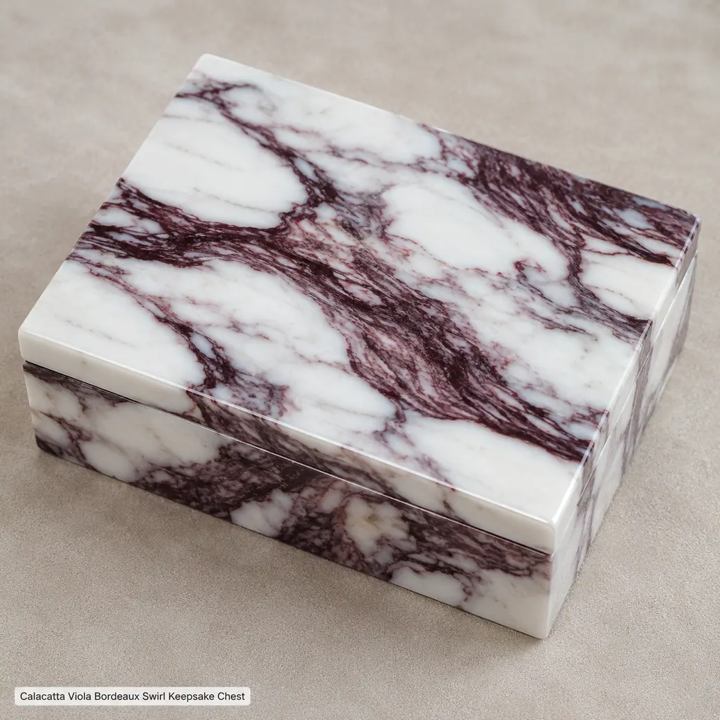 Closed Calacatta Viola keepsake box on champagne suede, highlighting matched burgundy swirls across lid and body.