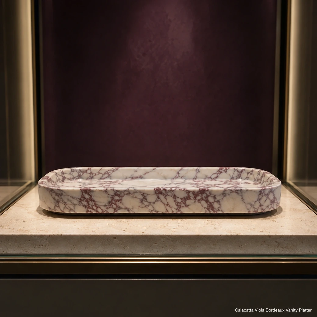 Low end-on Calacatta Viola fragrance tray in a display niche with burgundy-grey polished veining.