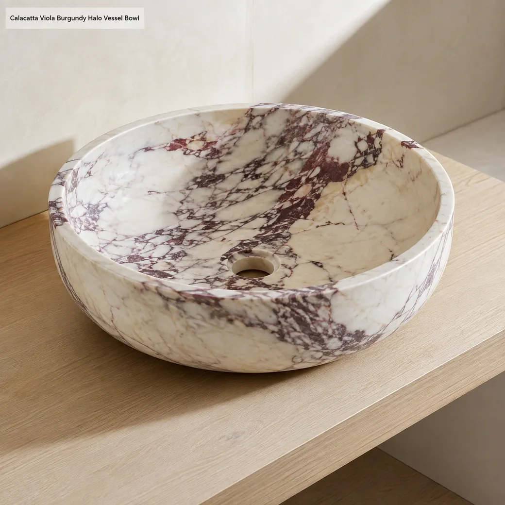 High rear-view Calacatta Viola bowl sink with warm ivory stone and burgundy-purple vein movement