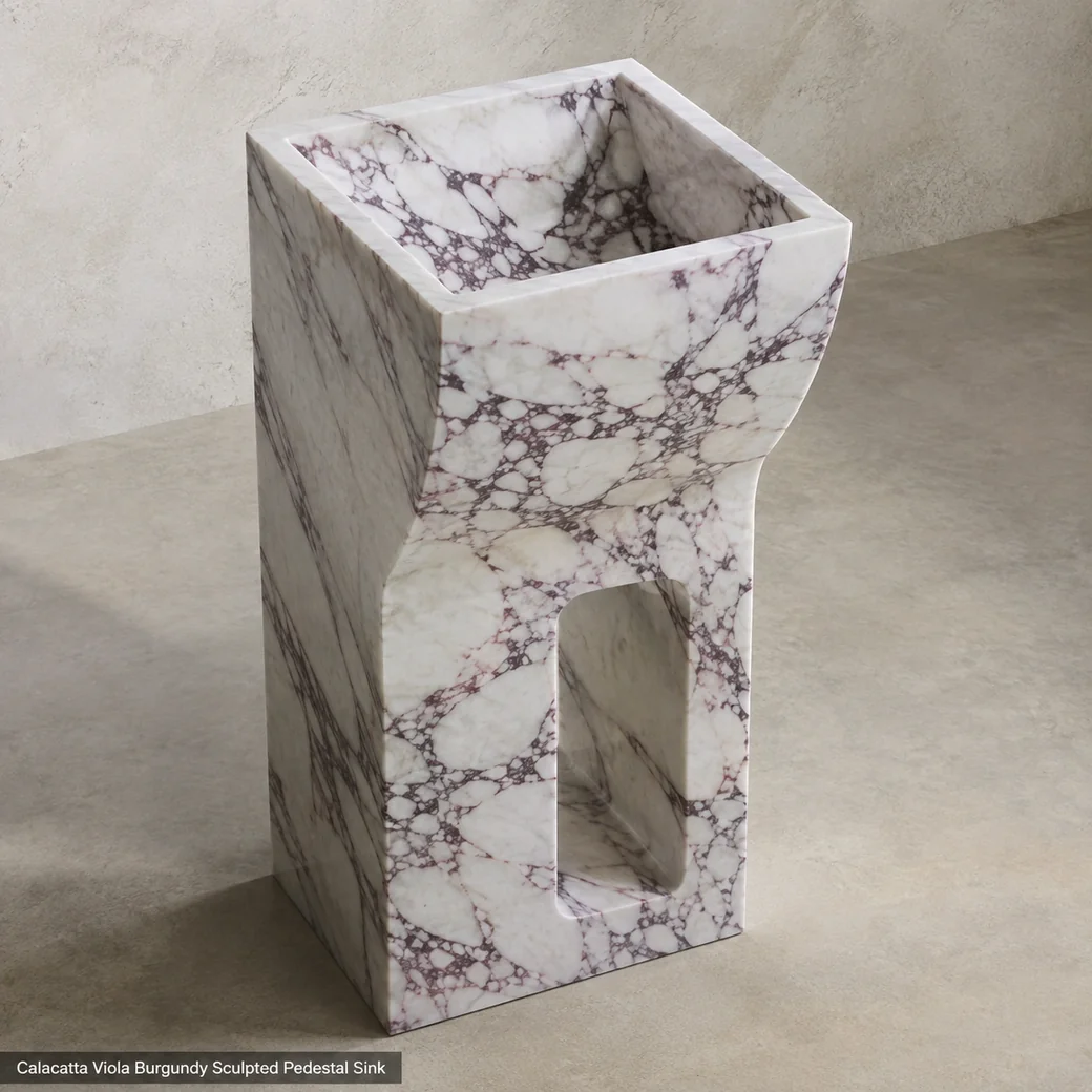 High-angle Calacatta Viola pedestal sink showing burgundy accents, bowl cavity and architectural cutout