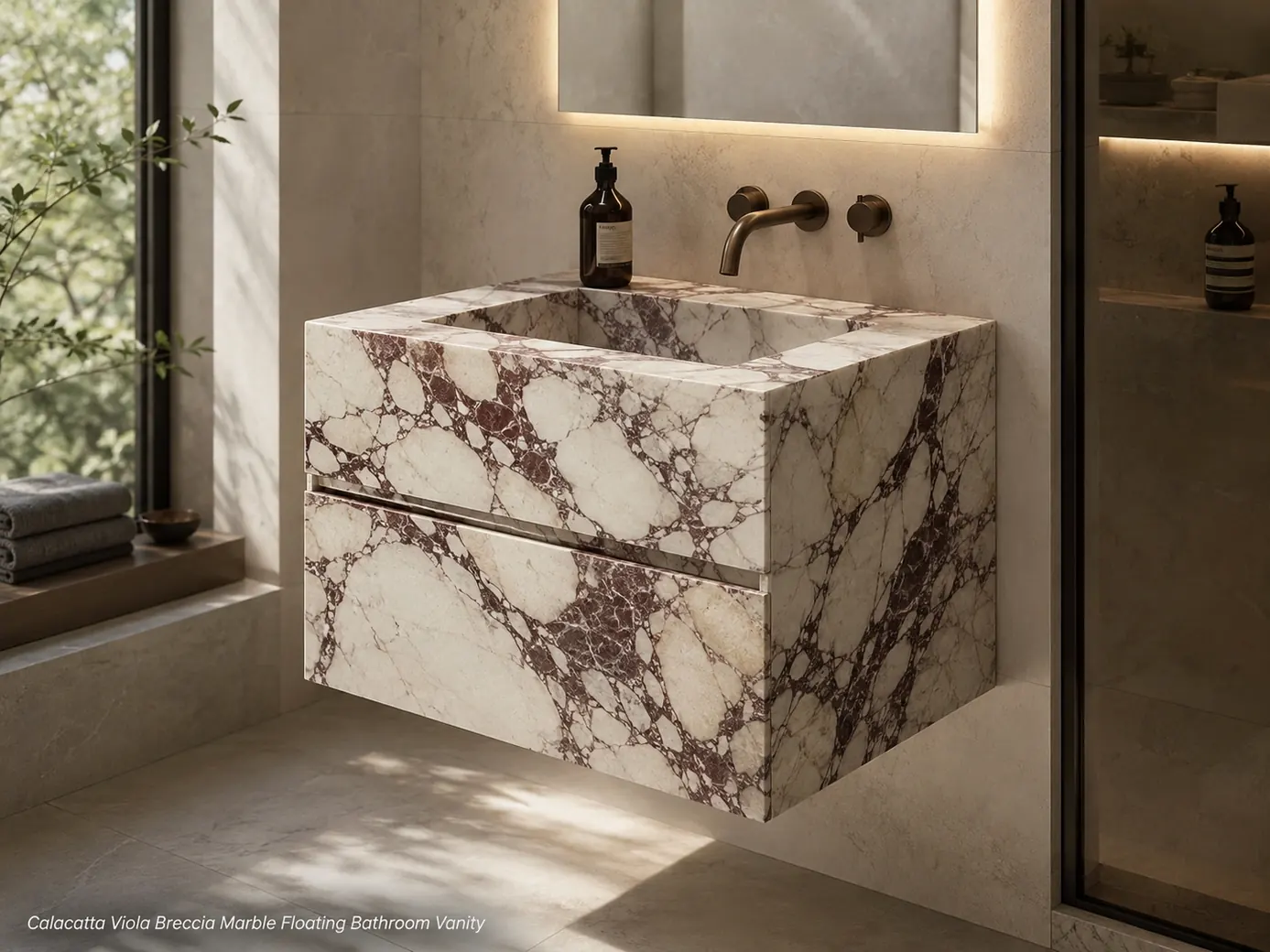 Matte-honed Calacatta Viola floating bathroom vanity with burgundy veining, basin and integrated storage