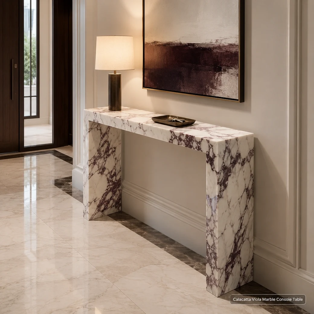 High-gloss Calacatta Viola console table styled with lamp and tray along a spacious foyer wall.