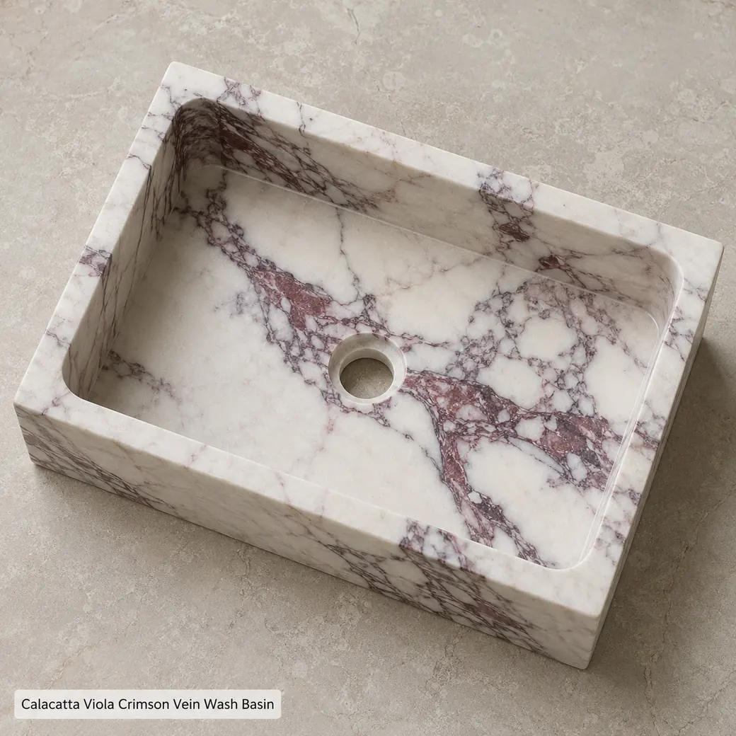 Top-down Calacatta Viola rectangular basin with red-purple veins and matte honed bowl