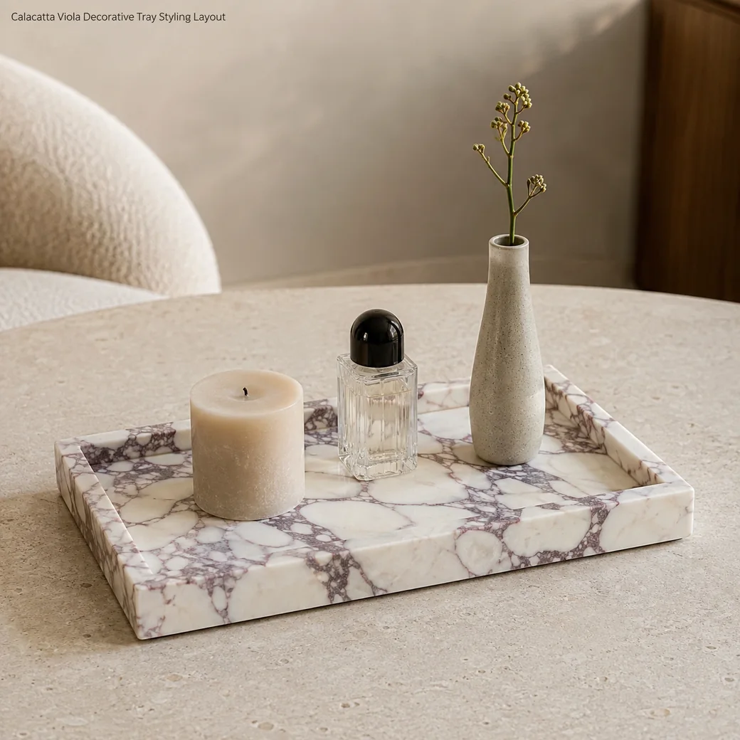 Hand-honed Calacatta Viola decorative tray styled with visible stone border and wine-colored veining