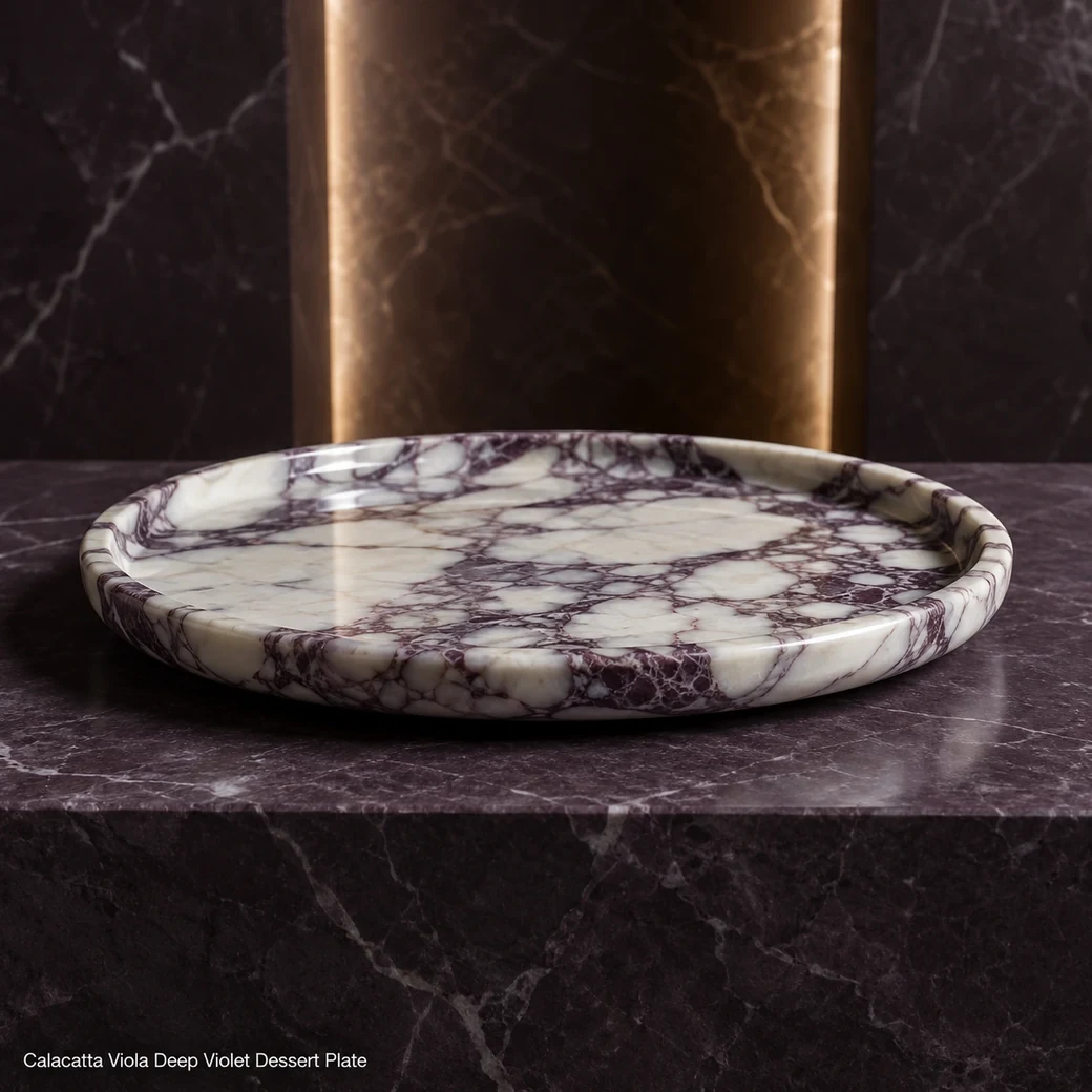 Calacatta Viola dessert plate on plum pedestal, low profile view revealing polished rim and dramatic violet veining.