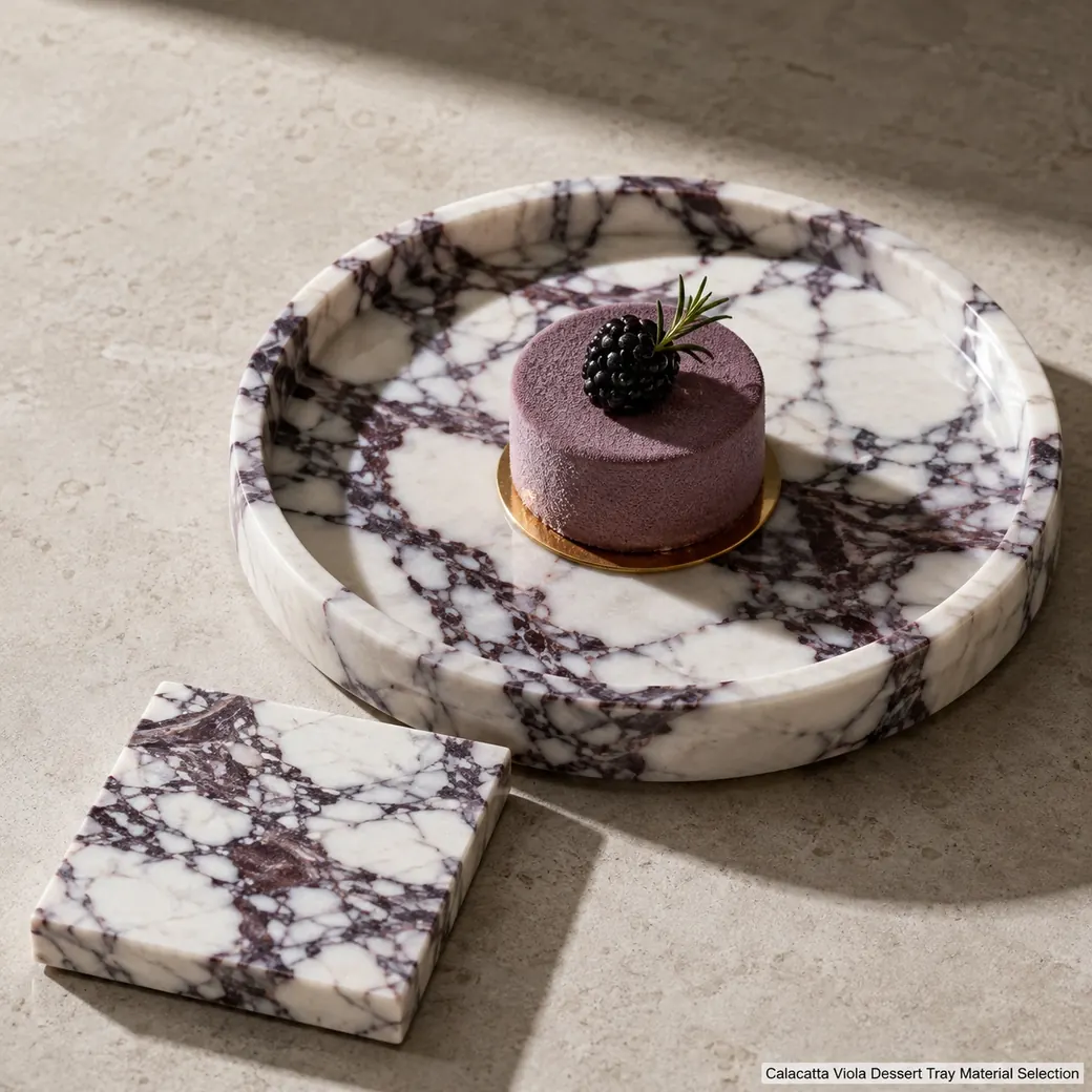 Mirror-gloss Calacatta Viola dessert tray with ivory-white marble and deep violet natural veining