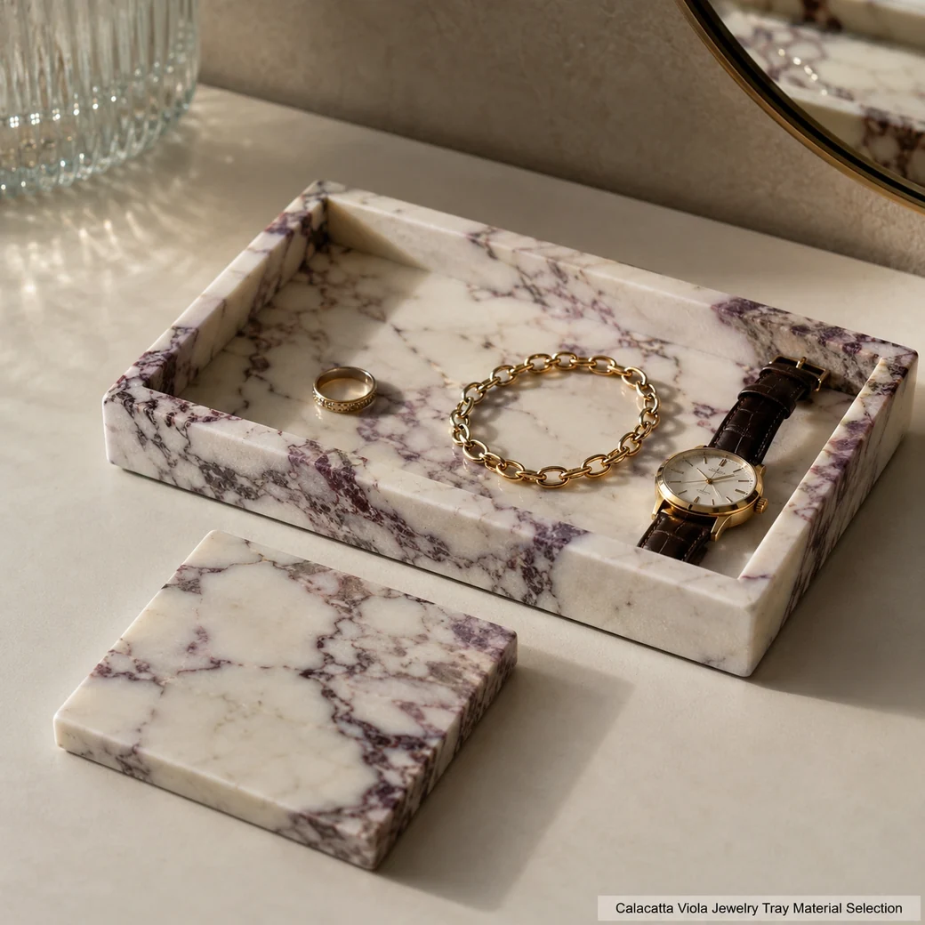 Velvet-honed Calacatta Viola jewelry tray with soft cream marble and burgundy-purple veining