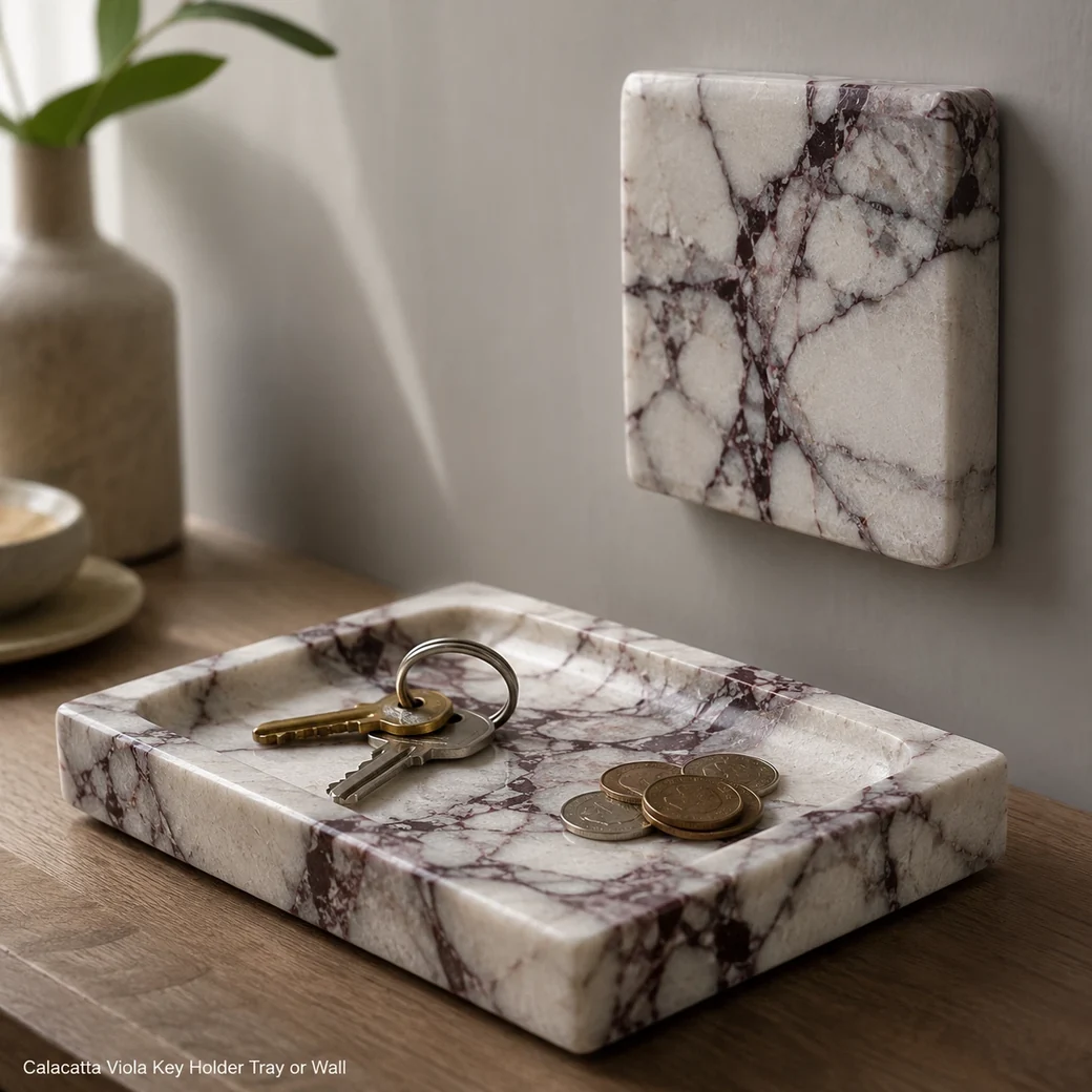 Brushed-satin Calacatta Viola key holder shown in tray and wall-mount format with burgundy veining