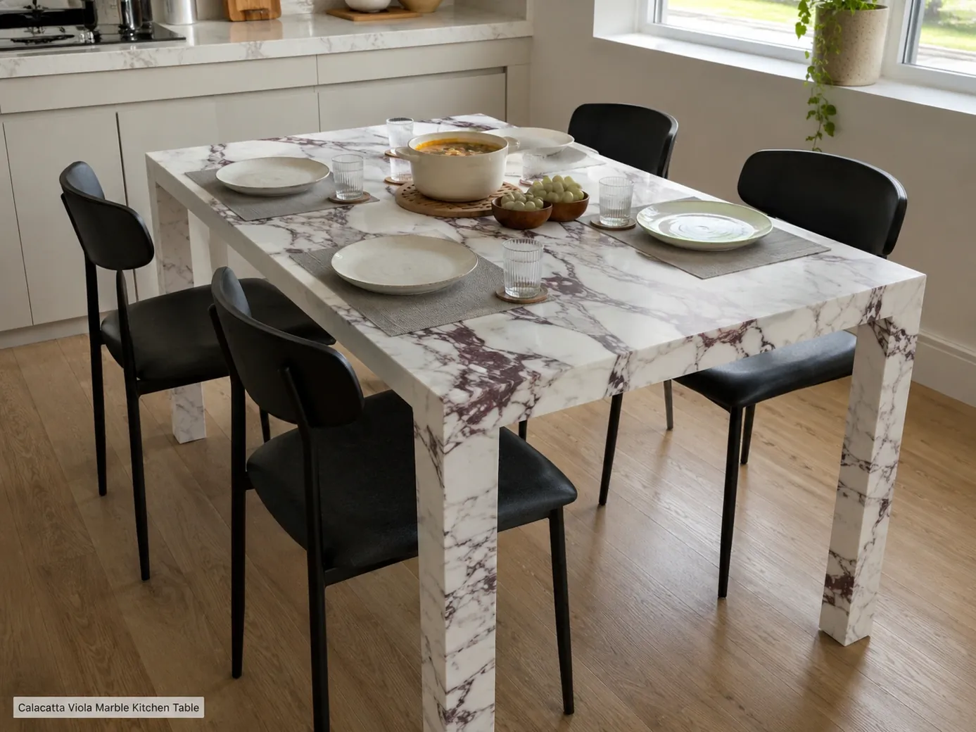 Honed Calacatta Viola kitchen table set for four with placemats, coasters and a trivet for everyday dining.