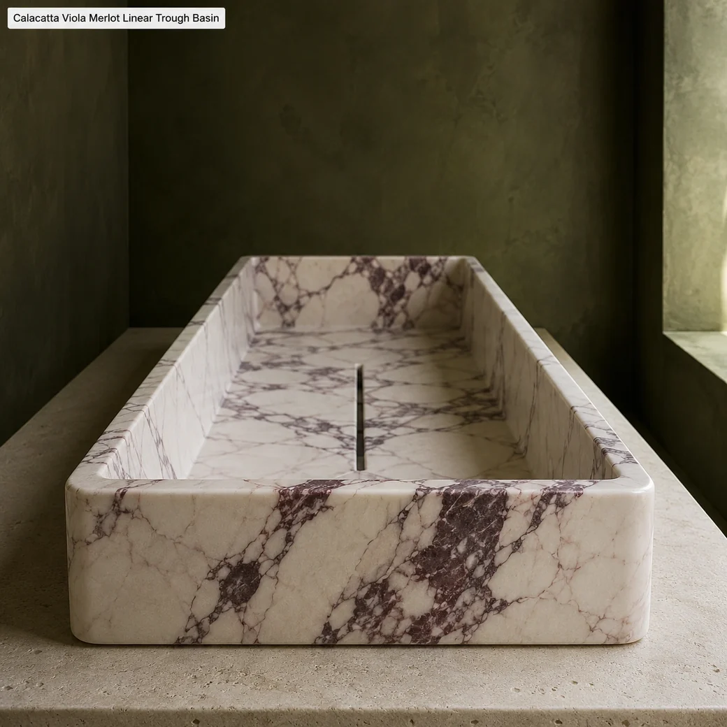 End-on Calacatta Viola trough basin with ivory stone, deep wine veins and long honed bowl