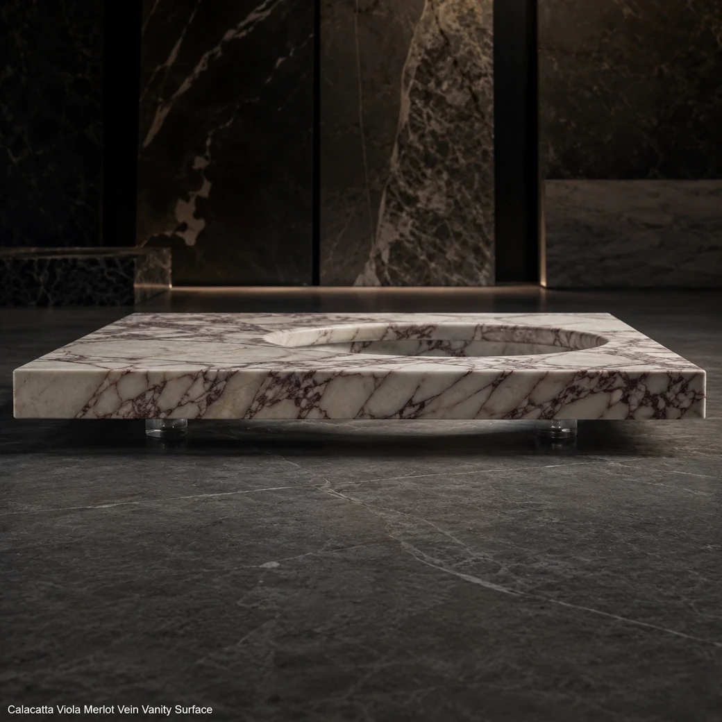Low side-view Calacatta Viola vanity slab showing 2 cm honed edge and wine-red veining