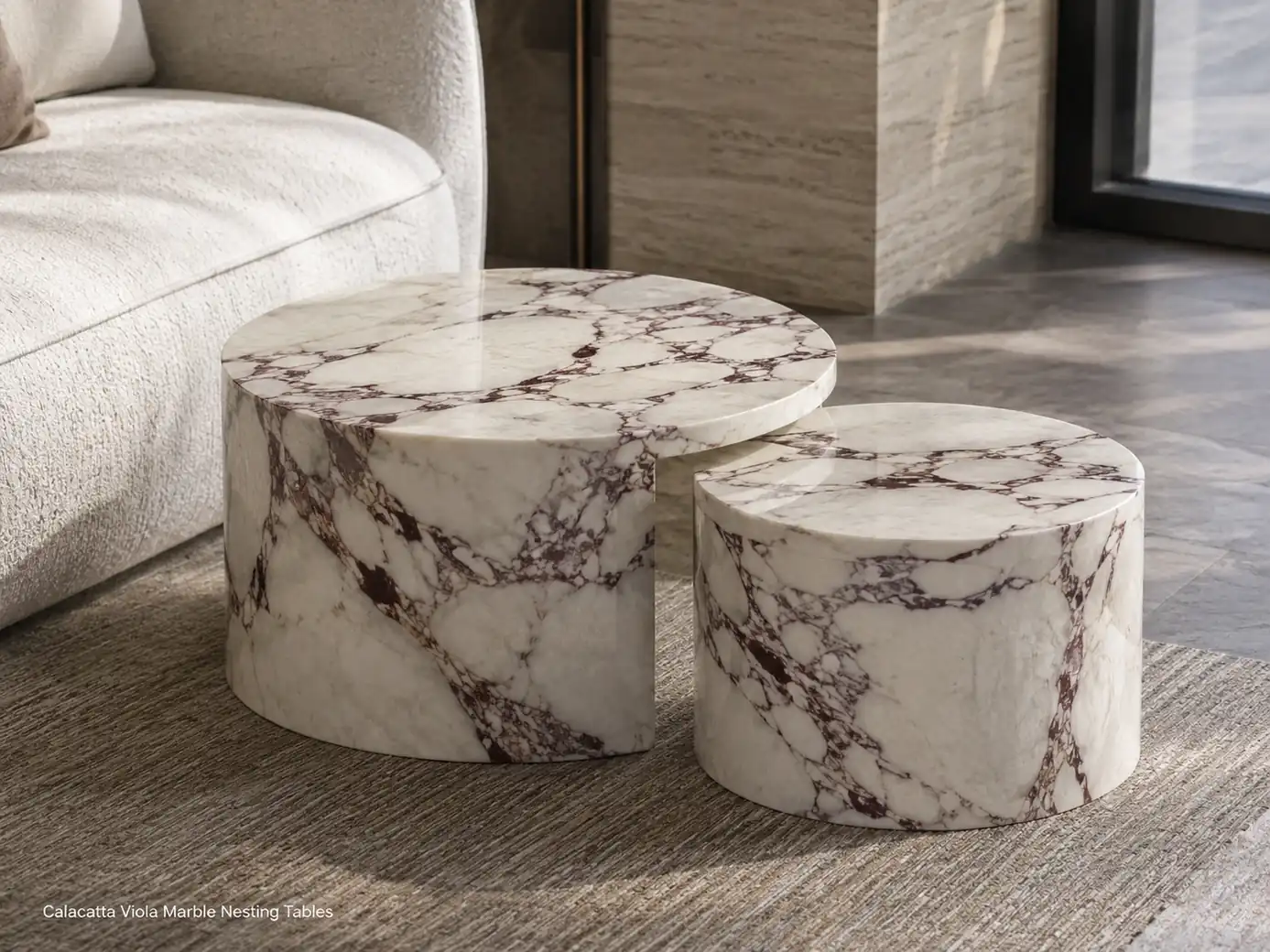 Pair of polished Calacatta Viola nesting tables with creamy stone and coordinated burgundy veining