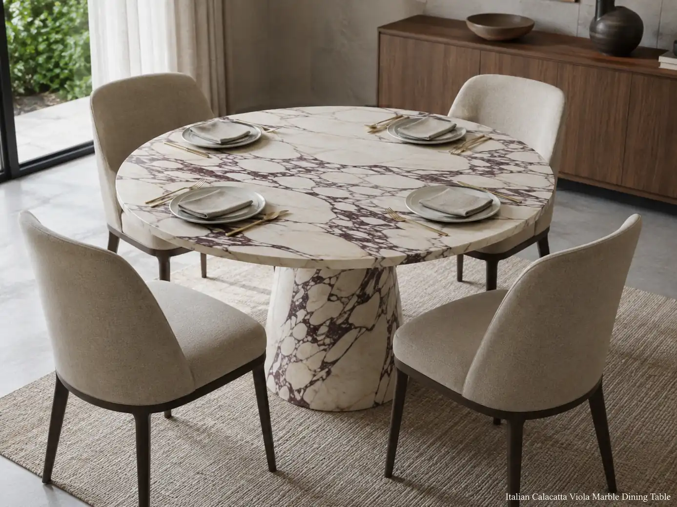 Satin-honed Calacatta Viola dining table with ivory stone, burgundy veining and four dining chairs