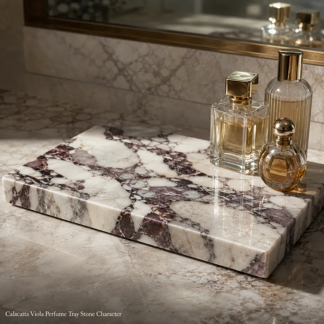 Hand-polished Calacatta Viola perfume tray with cream-white marble and burgundy-grey natural veining