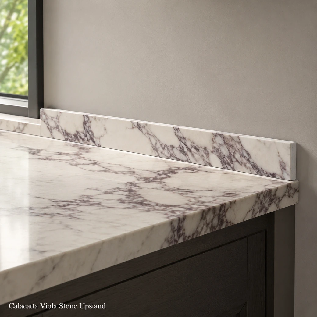 Honed Calacatta Viola stone upstand installed between a matching worktop and painted kitchen wall.