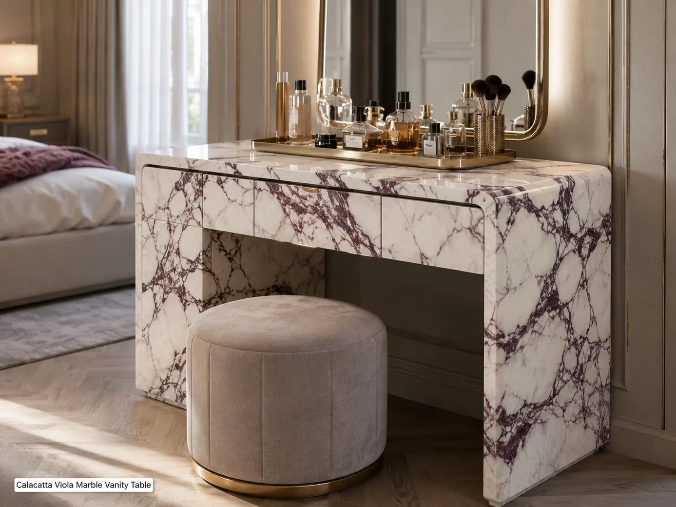 Polished Calacatta Viola vanity table with mirror, stool, drawers and cosmetics arranged on a protective tray.