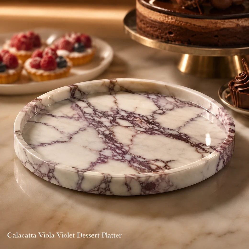 Calacatta Viola round dessert platter in ivory white with deep violet veins and mirror-gloss polish.