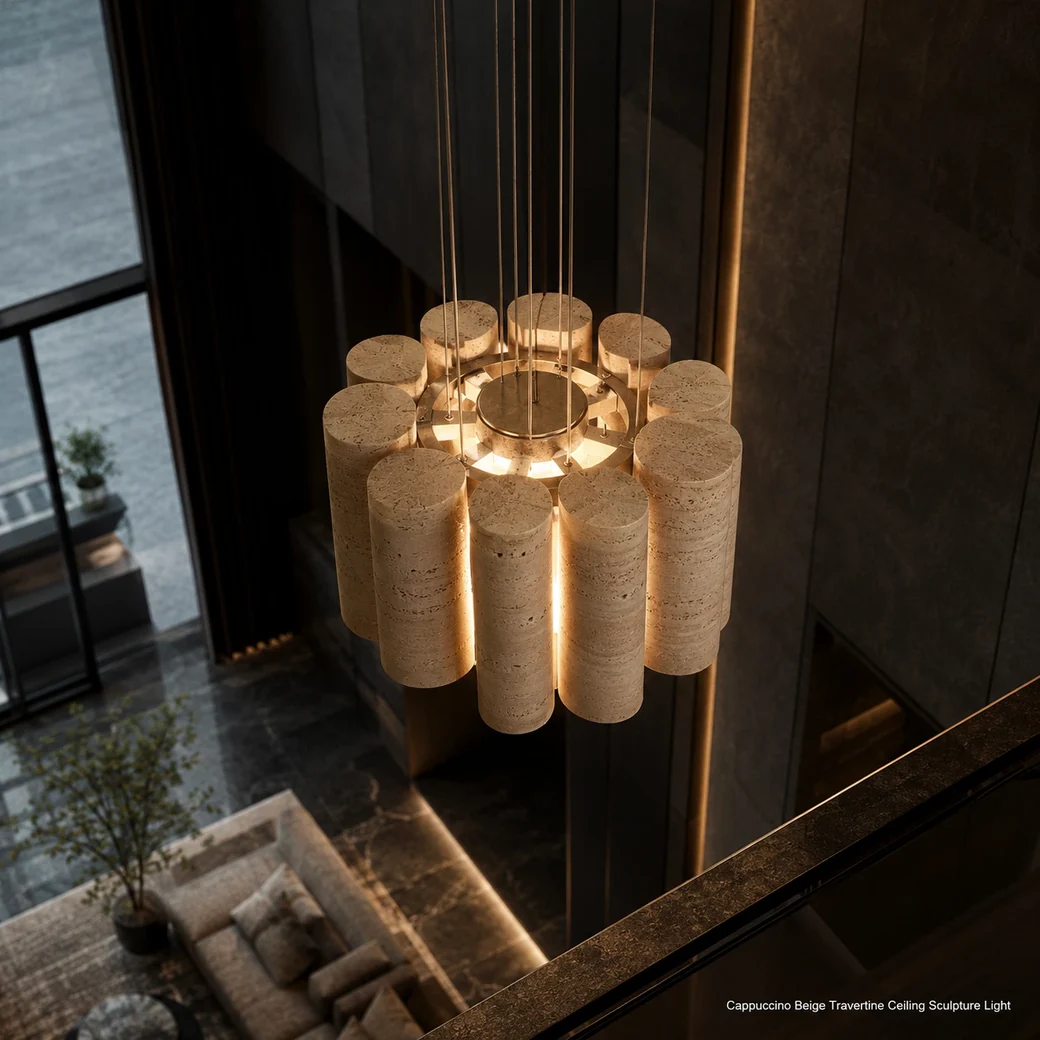 Cappuccino travertine chandelier viewed from a high balcony angle in a dark bronze atrium