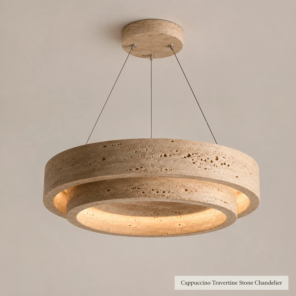 Cappuccino beige travertine stone chandelier with sculptural circular design