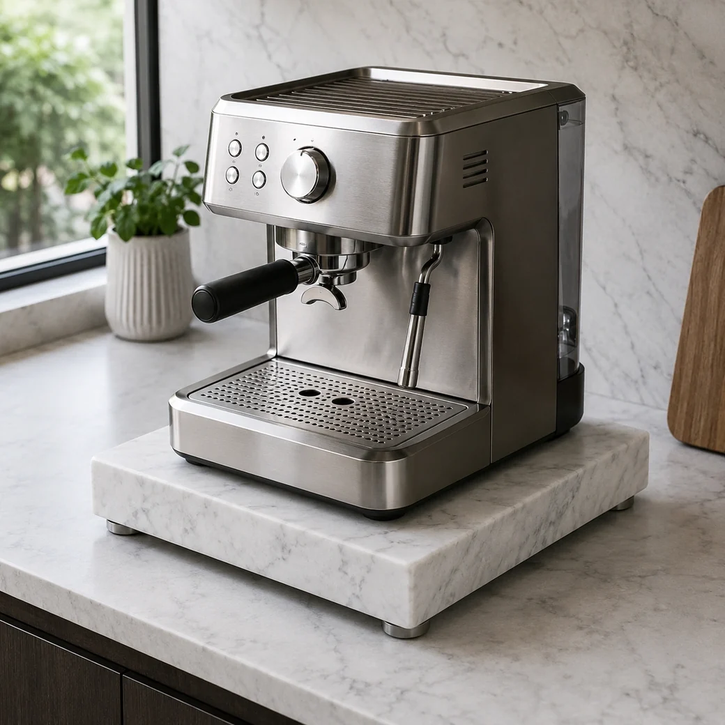 Matte honed Carrara marble appliance stand supporting a countertop coffee machine with clear ventilation space.