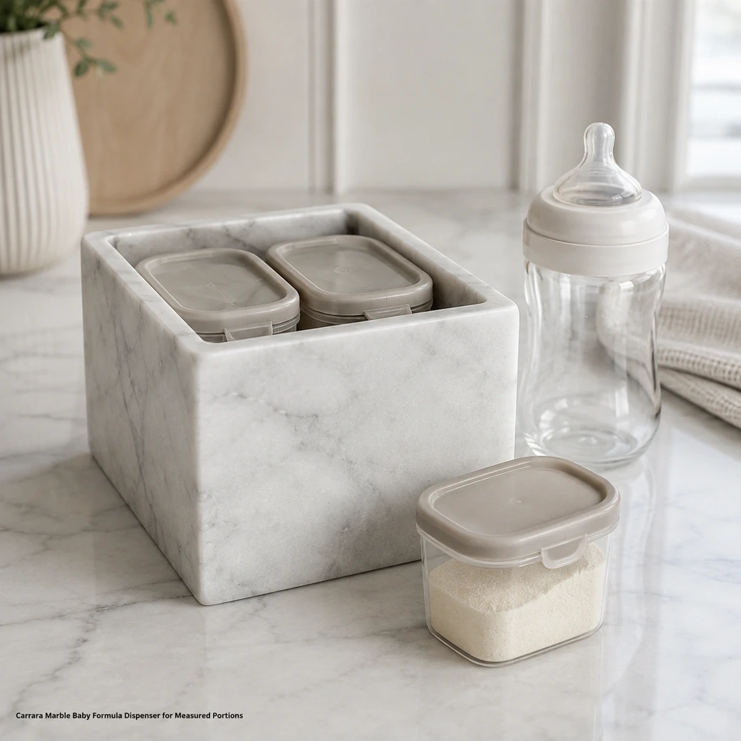 Matte Carrara marble baby formula dispenser with sealed removable portion compartments beside a bottle.