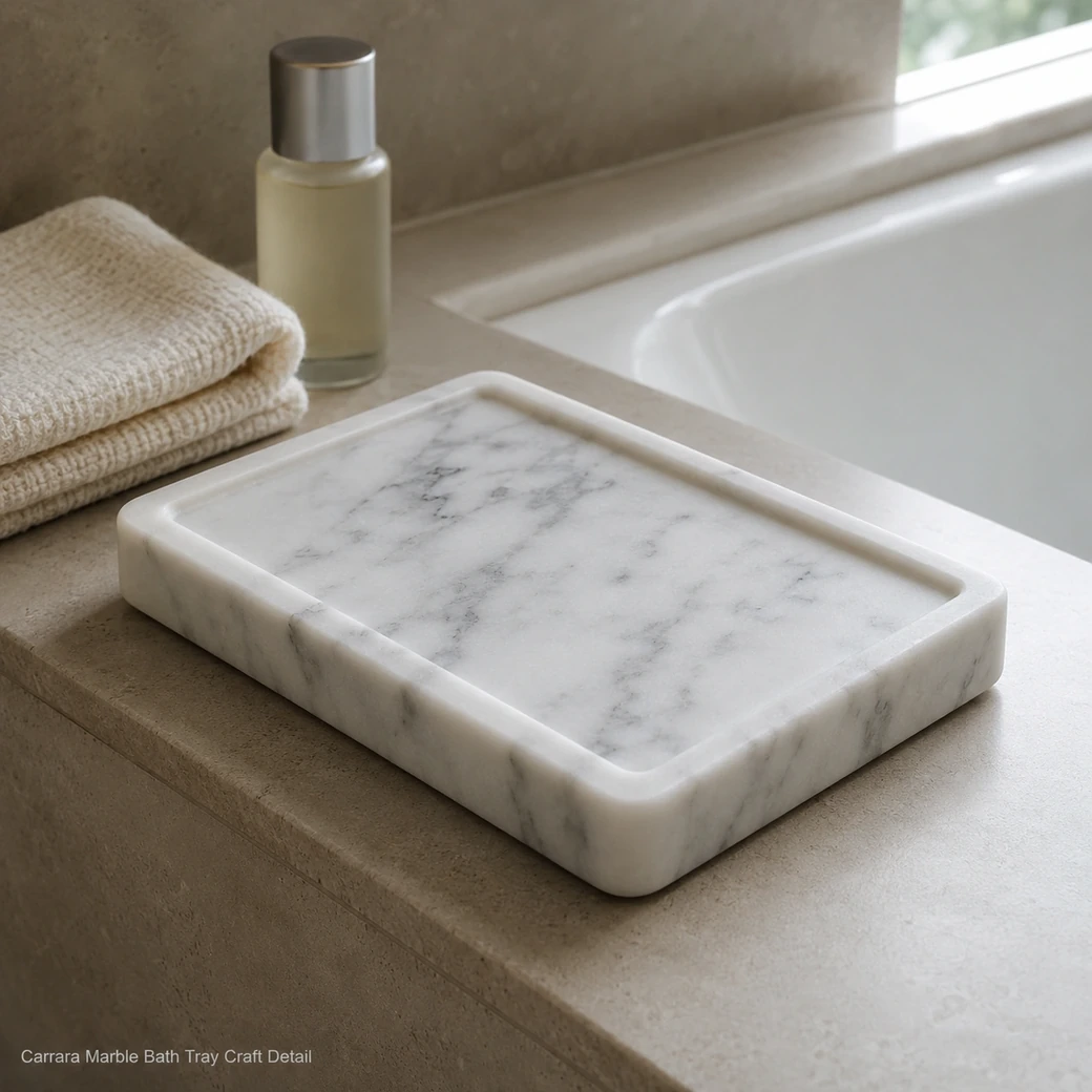 Silk-honed Carrara marble bath tray with white stone, silver-grey veining and refined finished edges